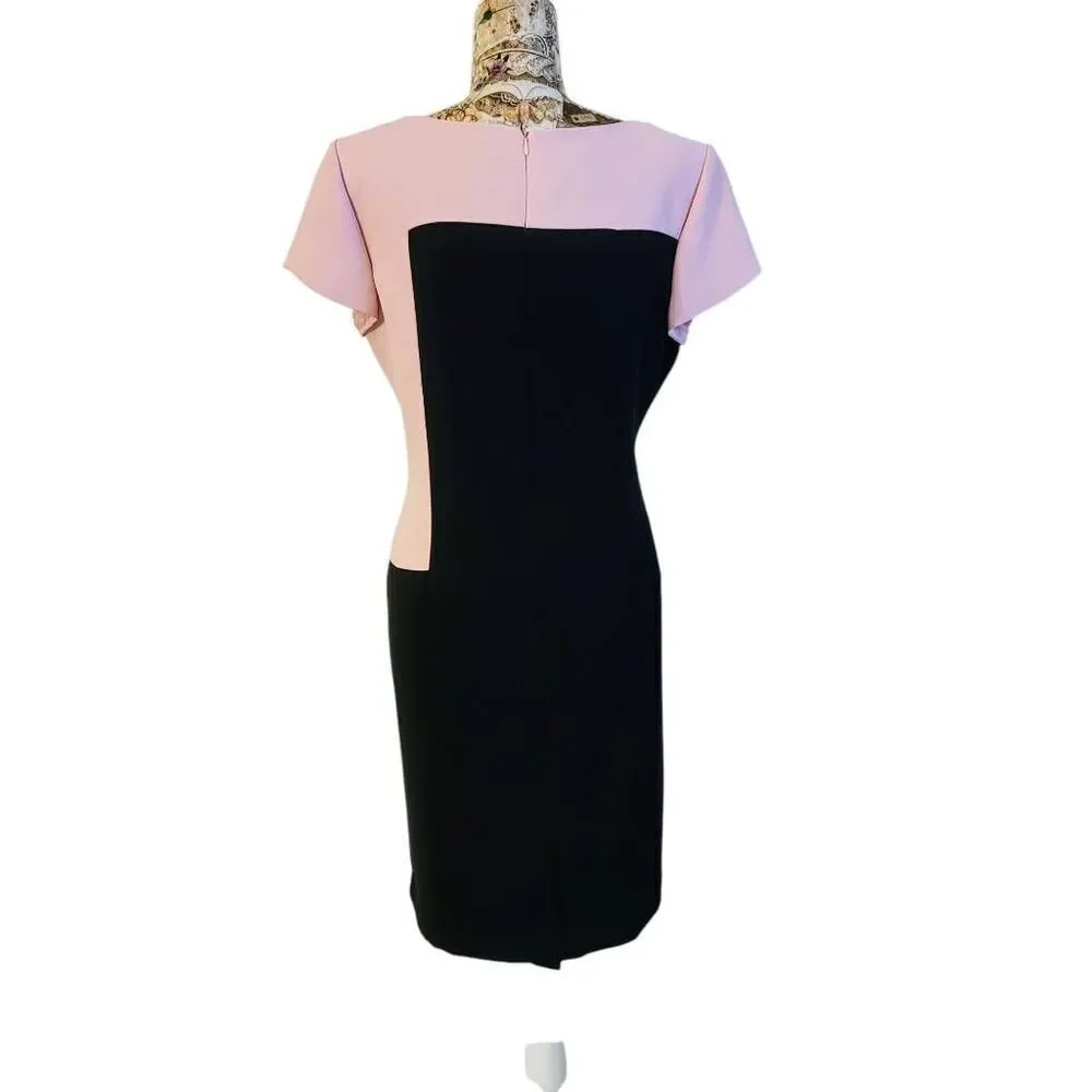 Dress Color Block Light Pink Black Geometric Slimming Waist S.L. Fashions Midi